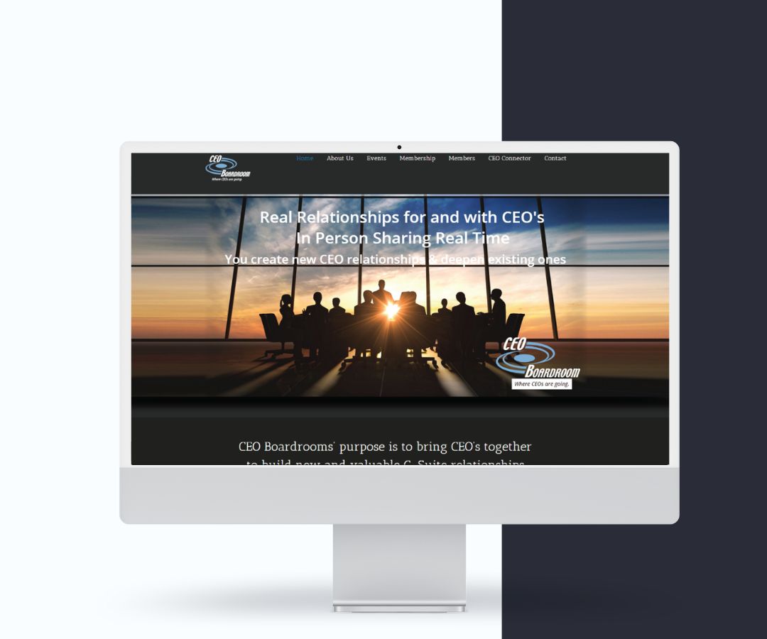 This portfolio shows a striking hero image of silhouetted professionals gathered during a sunset meeting, symbolizing leadership and collaboration. The warm lighting and horizon backdrop create a powerful visual that emphasizes connection and shared vision.