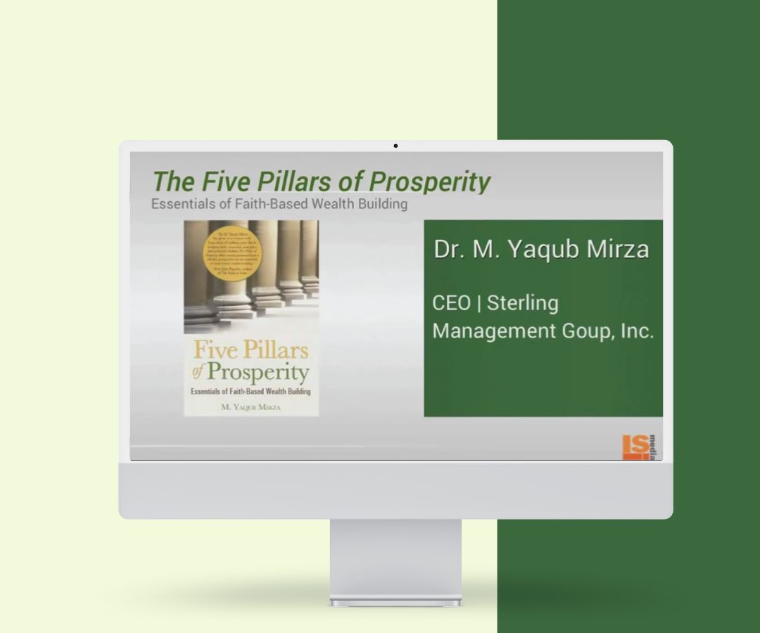 This portfolio image depicts a modern presentation slide on a desktop monitor, featuring the book The Five Pillars of Prosperity alongside the author’s details in a clean, structured layout.