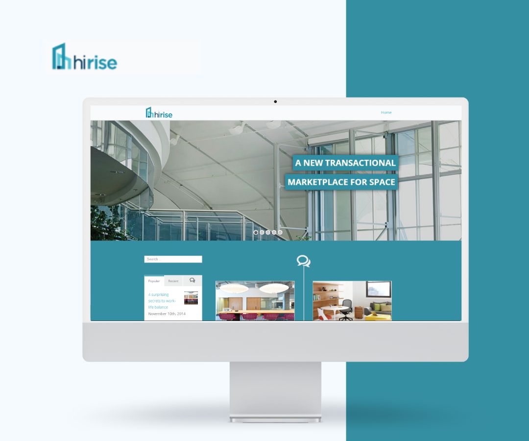This portfolio image depicts a desktop screen displaying a clean website layout with a large header image of a modern interior space and neatly arranged content sections below. The teal and white color scheme gives the design a polished, professional, and visually balanced appearance.