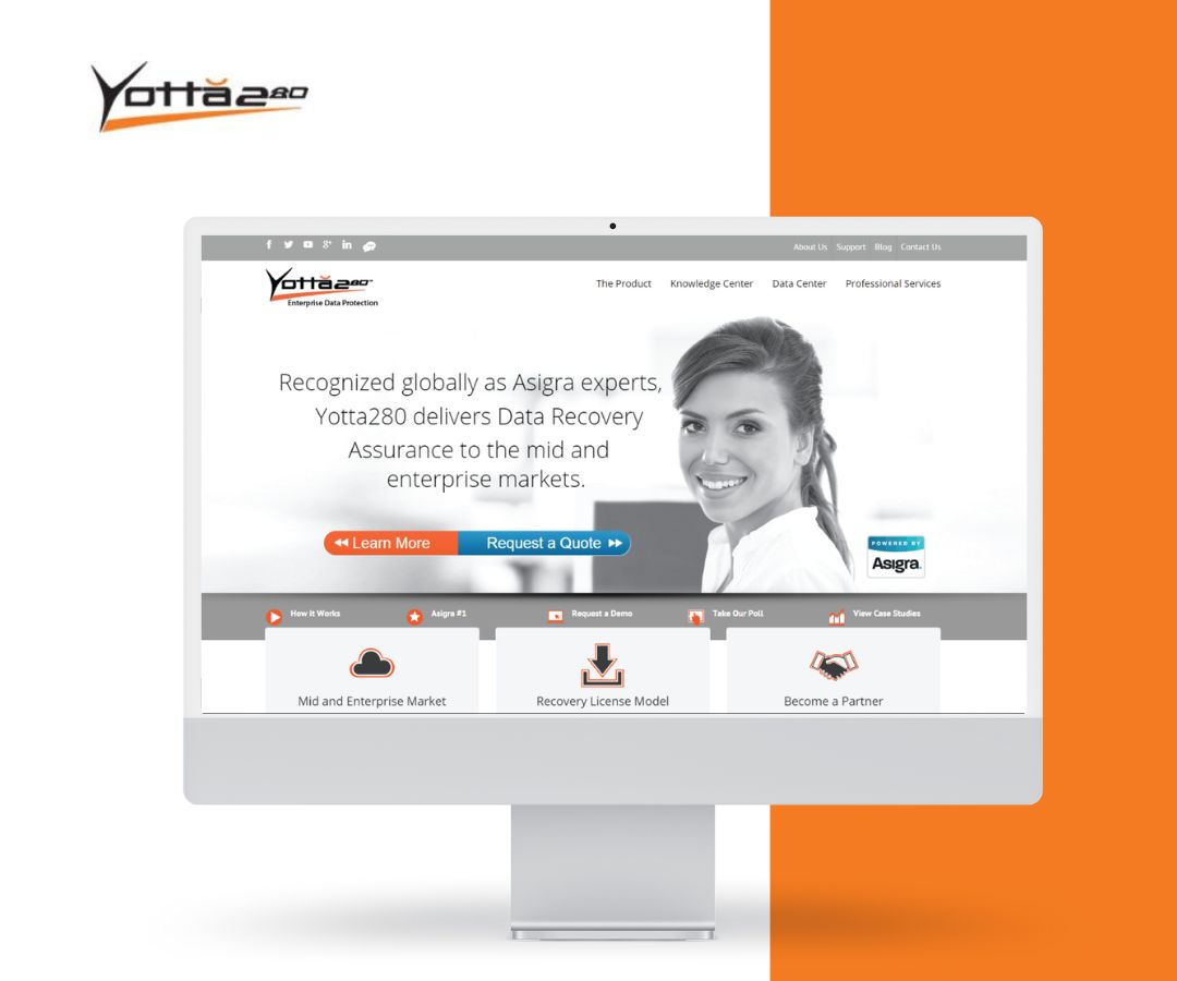 his portfolio displays a computer monitor showcasing a website homepage with a clean layout, featuring a smiling woman and text about data recovery services. The design is framed by a split white and orange background, emphasizing a professional and modern web interface.