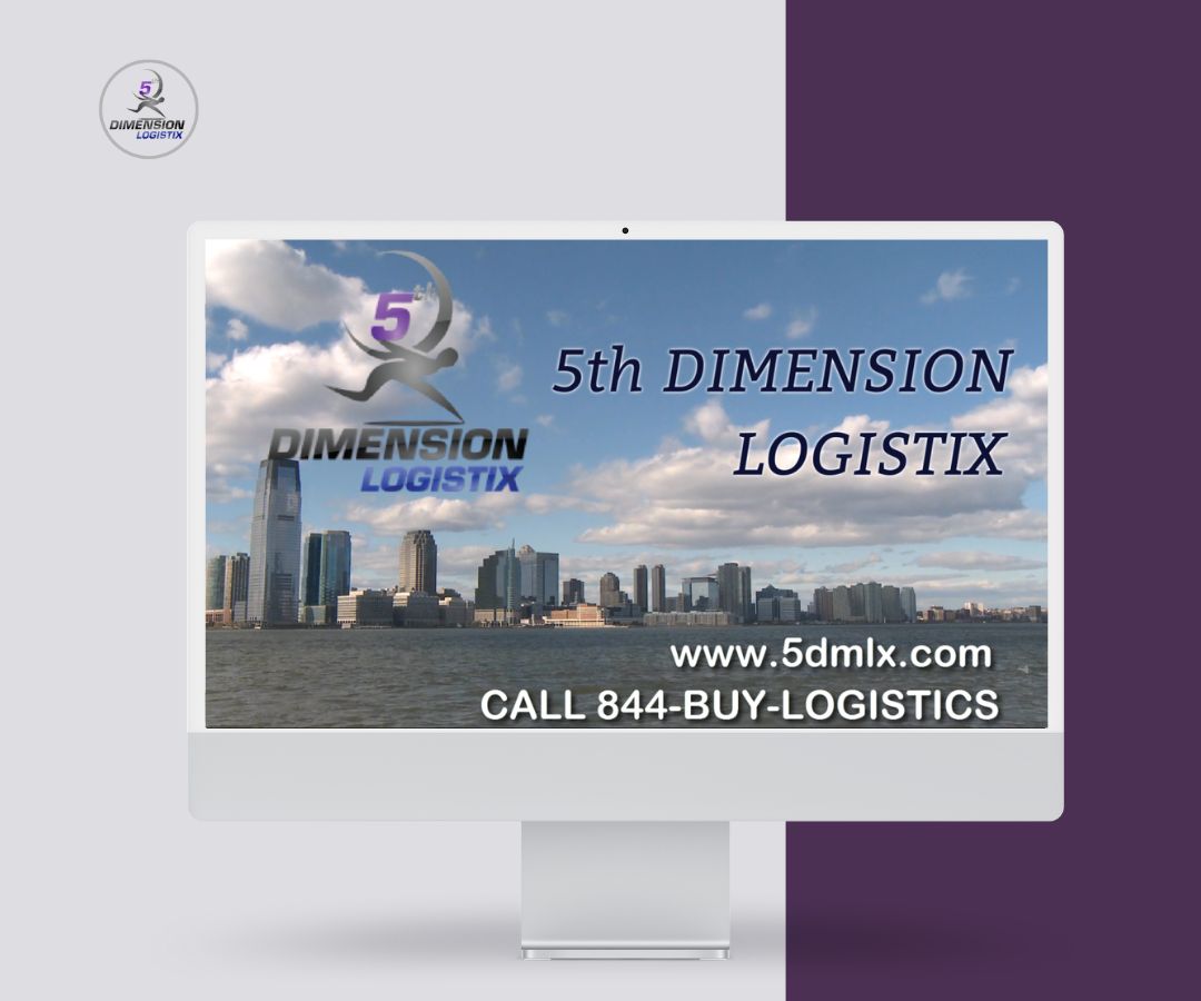 The image shows a desktop monitor displaying a city skyline with water in front and the text “5th Dimension Logistix” along with a logo. It also includes a website URL and a contact number at the bottom of the screen.