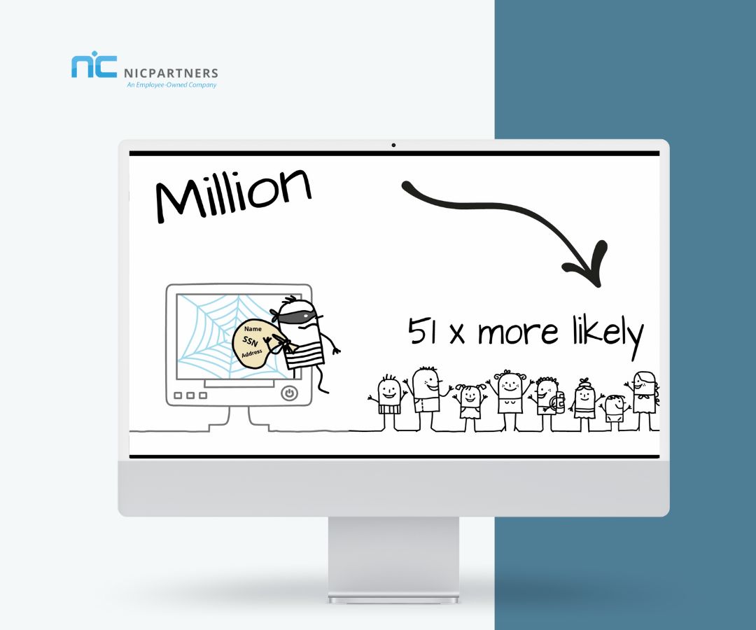 his minimalist illustration communicates the rising threat of cybersecurity breaches, using a hand-drawn style to depict a hacker accessing sensitive information. The bold “51x more likely” message emphasizes urgency while keeping the concept accessible and visually engaging for broad audiences.