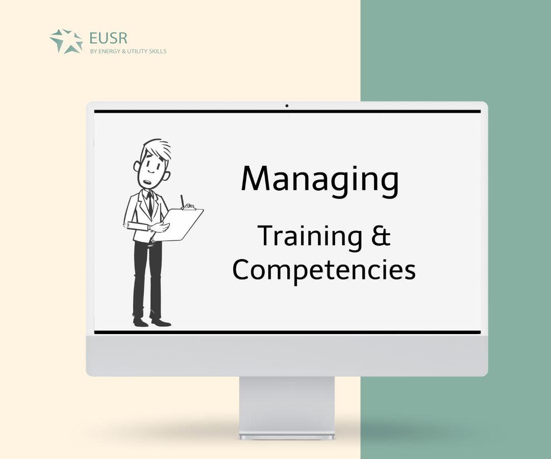 A clean, modern illustration shows a computer screen displaying “Managing Training & Competencies” alongside a simple character holding a clipboard, symbolizing evaluation and learning. The soft neutral and green background creates a professional look, emphasizing organization, growth, and workforce development.