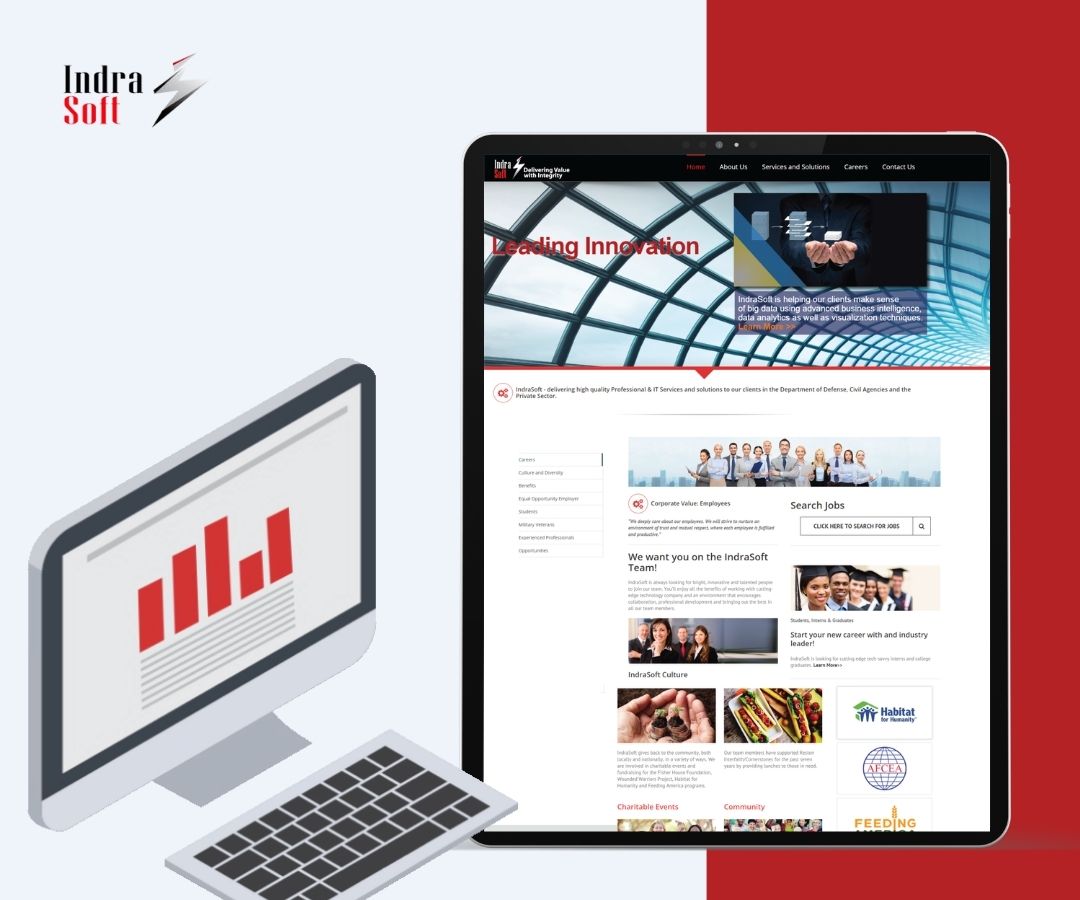 A modern visual showcases a company website displayed on a tablet, alongside a laptop with a rising bar chart, representing digital innovation and business growth. The clean layout with red and neutral tones highlights professionalism, technology, and corporate development.