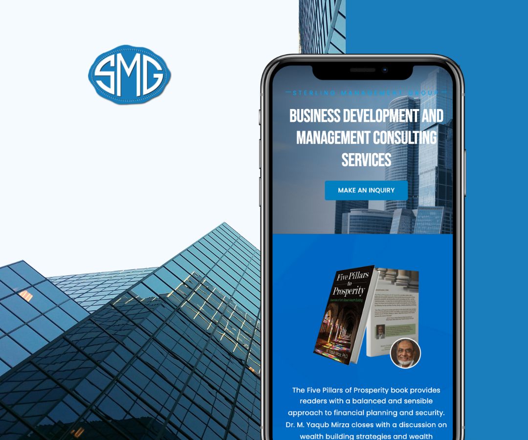Portfolio showcase of a business consulting website displayed on a mobile screen, featuring the SMG logo and highlighting a modern, clean, and professional design optimized for user engagement.