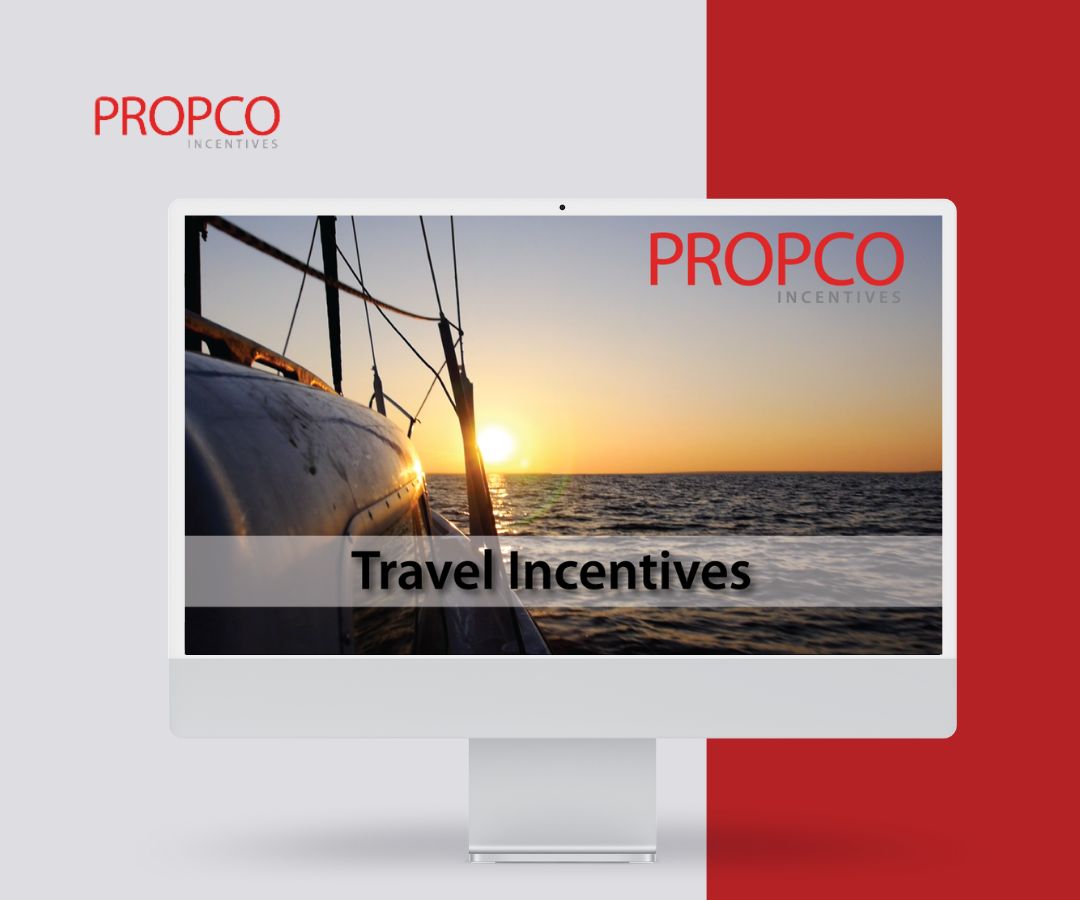 This portfolio depicts a sleek desktop mockup featuring a travel incentives website, highlighted by a scenic ocean sunset hero image. The design emphasizes bold branding and a visually engaging, experience-driven interface.