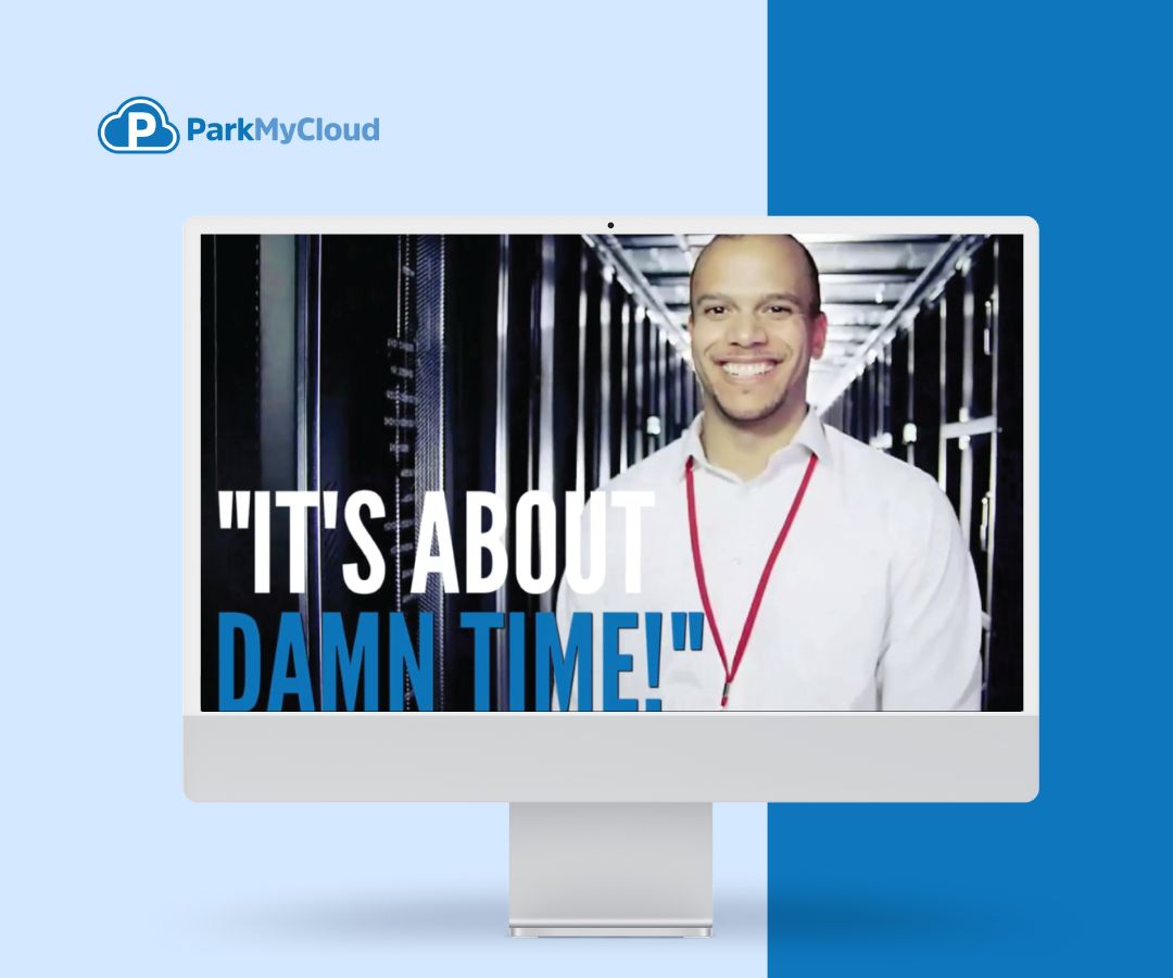 Portfolio showcase of the ParkMyCloud platform on a desktop screen, featuring bold messaging and a clean, modern design focused on cloud efficiency.