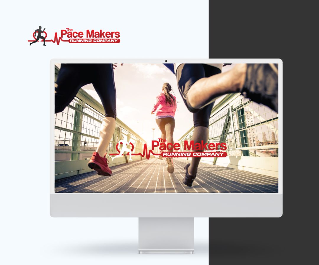 The portfolio shows a modern graphic of a monitor displaying runners in motion with The Pace Makers Running Company logo, emphasizing fitness and active lifestyle.