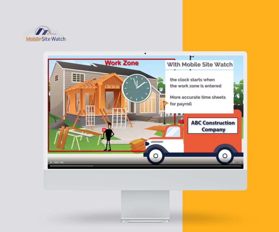 The portfolio shows a clean, colorful graphic design of a construction site with illustrated elements, a house frame, workers, a truck, and a clock icon, featuring Mobile Site Watch branding to highlight work zone tracking and accurate time monitoring.