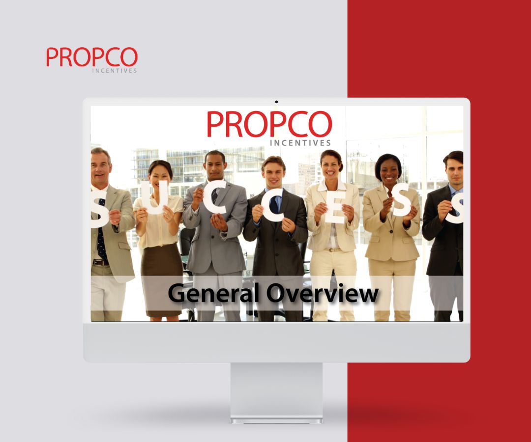 Portfolio showcase of the Propco Incentives website on a desktop screen, featuring professionals holding “SUCCESS” letters and a clean, modern corporate design.