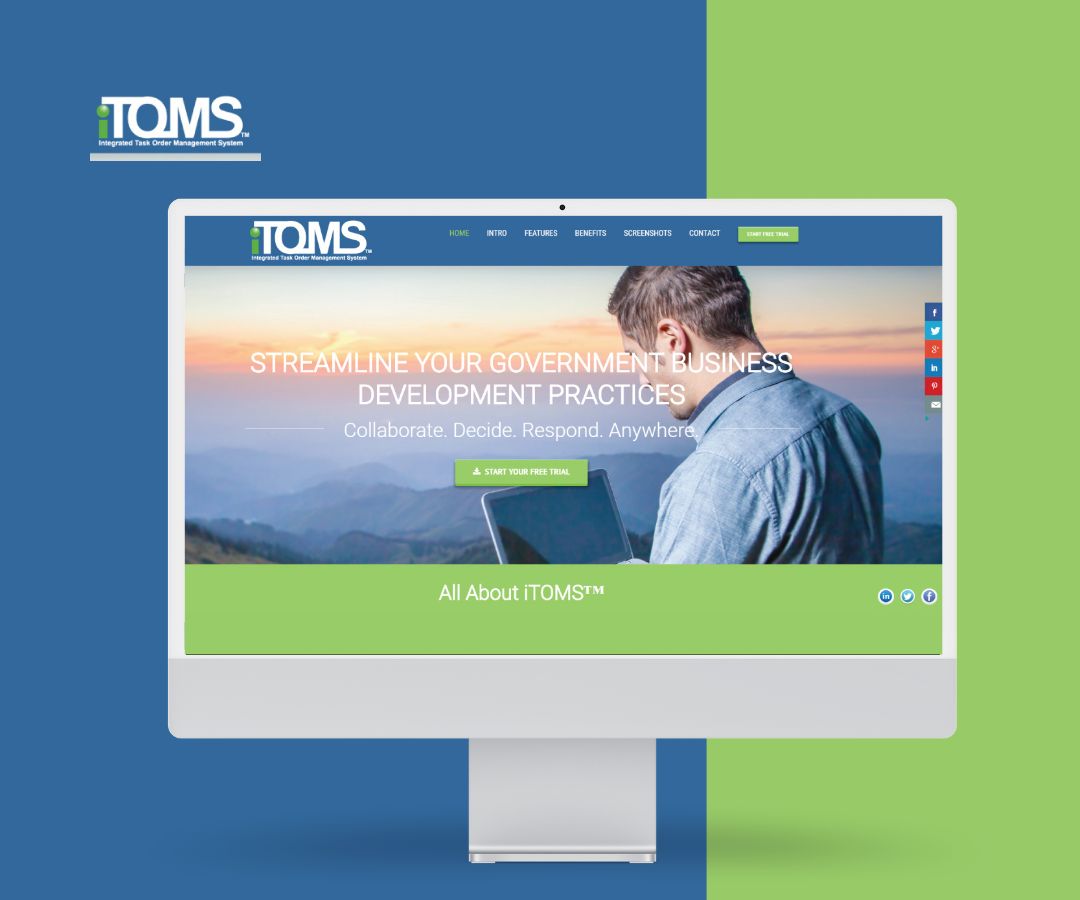 Portfolio depicts the ITOMS website interface, highlighting streamlined government business development solutions. It features a clean, professional design focused on collaboration, efficiency, and user-friendly navigation.
