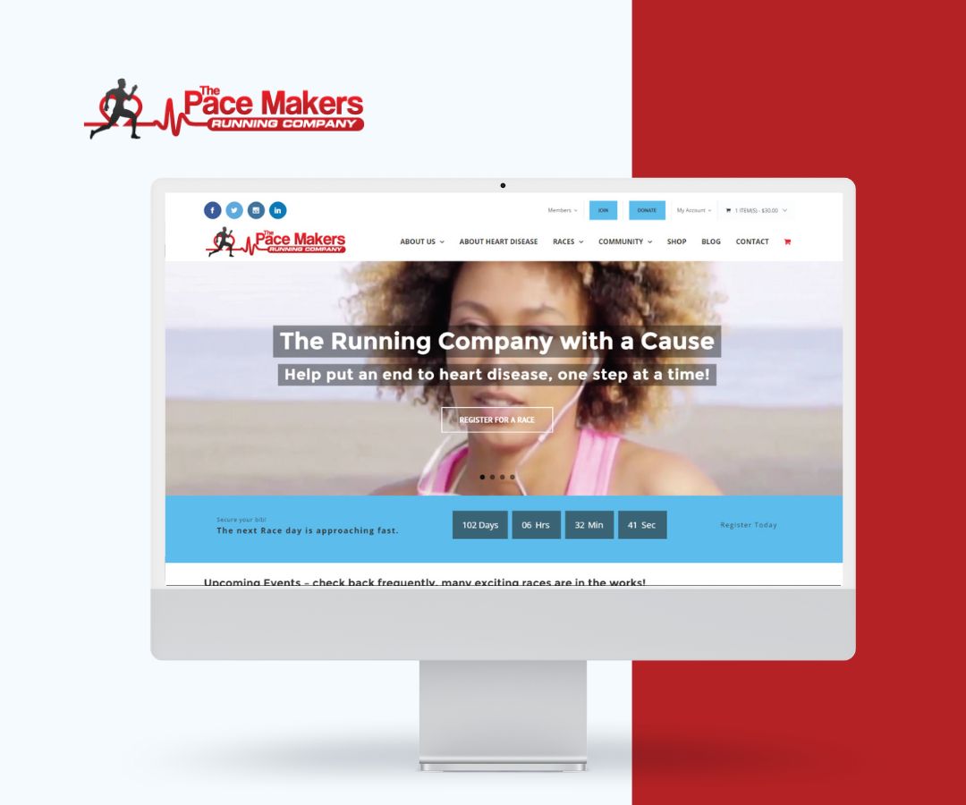 Portfolio depicts The Pace Makers website, showcasing a running company with a cause focused on heart health awareness. It features a clean, engaging design that highlights events, community involvement, and fitness advocacy.
