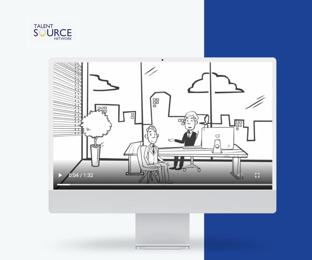 Portfolio depicts a modern corporate media display featuring “Talent Source Network,” showcasing a professional brand focused on recruitment, growth, and client solutions. It highlights a clean, structured design with engaging visuals and clear presentation for strong brand communication.