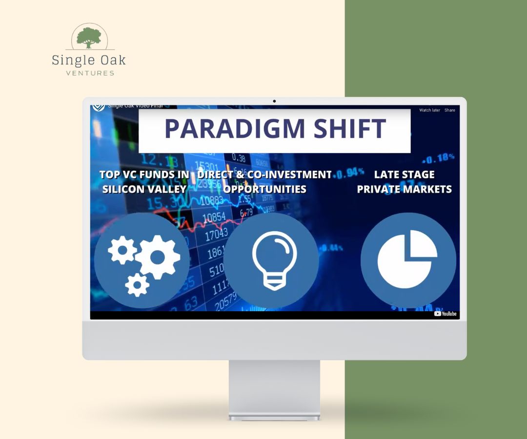 Portfolio showcase of the Single Oak Ventures website on a desktop screen, featuring a beige and green split background, bold “Paradigm Shift” messaging, blue-toned financial visuals, and a clean, modern investment-focused design.