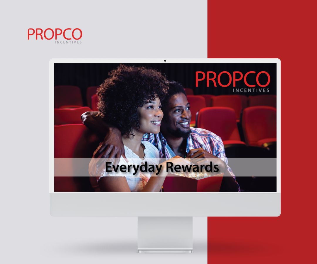Portfolio depicts a modern promotional display featuring “Everyday Rewards” by Propco Incentives, showcasing a couple enjoying a cinema experience to convey leisure, rewards, and everyday enjoyment.