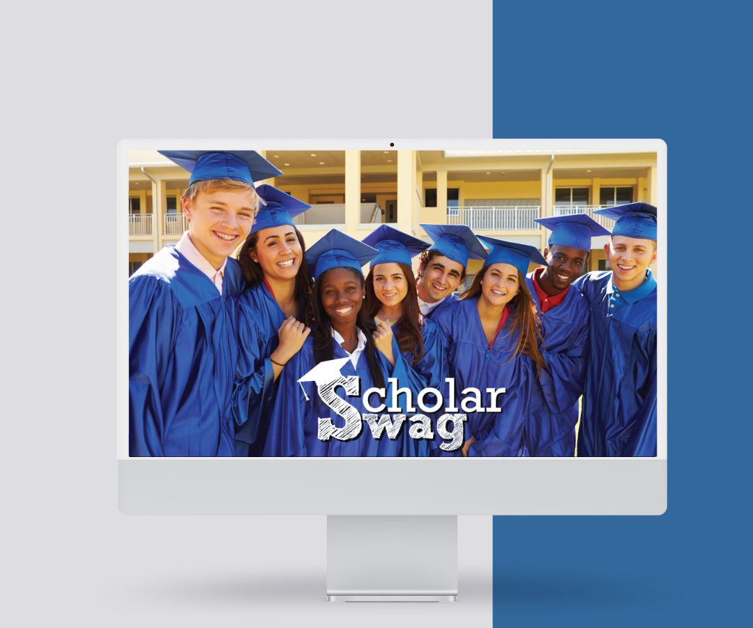 Portfolio depicts a modern promotional display featuring “Scholar Swag,” showcasing graduates in caps and gowns to convey achievement, rewards, and academic success.