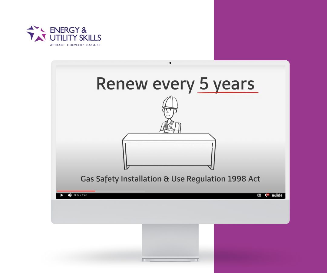 Portfolio depicts a modern training media display featuring an “Energy & Utility Skills” video, showcasing a clean interface with a line-art worker and the message “Renew every 5 years.” It highlights a professional brand focused on safety, compliance, and workforce training through clear, engaging visuals.
