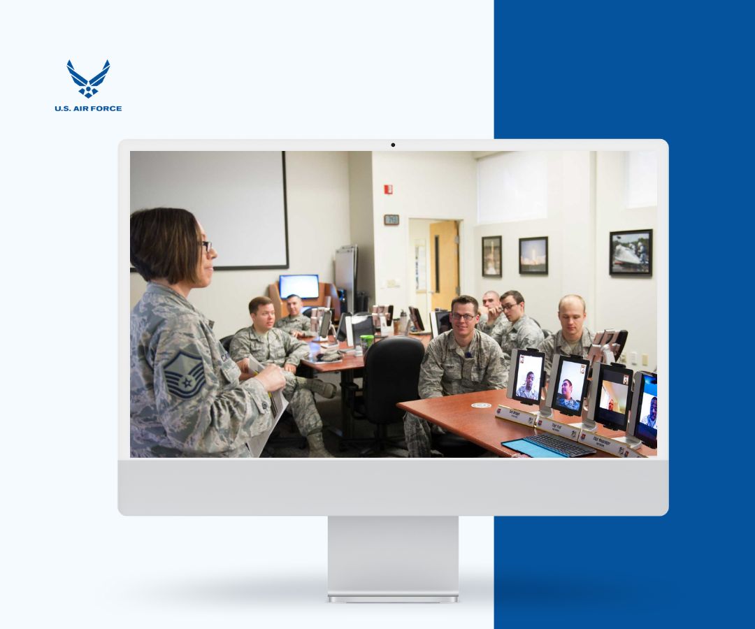 Portfolio featured image depicts a United States Air Force meeting, with personnel in uniform collaborating in person and via laptops showing remote participants.