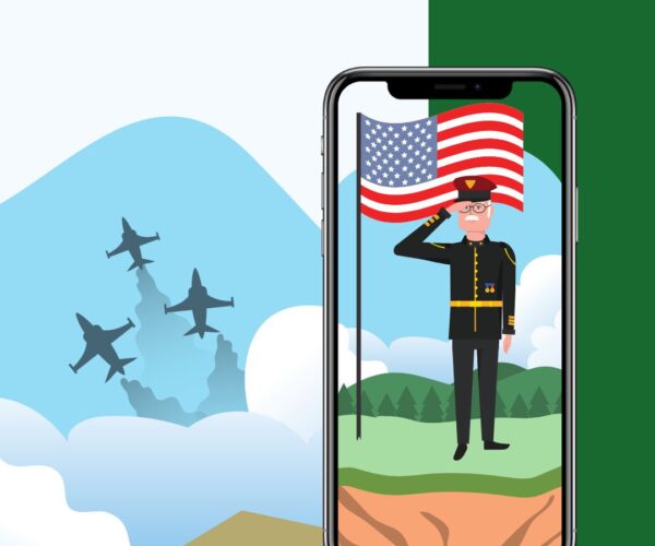Portfolio featured image highlights a smartphone featuring a bold illustrated scene of a uniformed officer saluting before a flag, with dynamic background graphics that emphasize impactful visual design and storytelling.