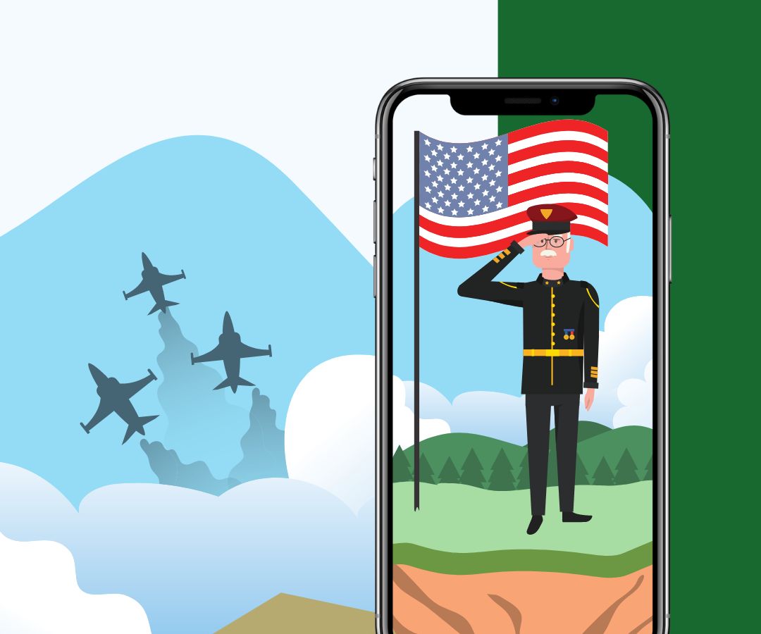 Portfolio featured image highlights a smartphone featuring a bold illustrated scene of a uniformed officer saluting before a flag, with dynamic background graphics that emphasize impactful visual design and storytelling.