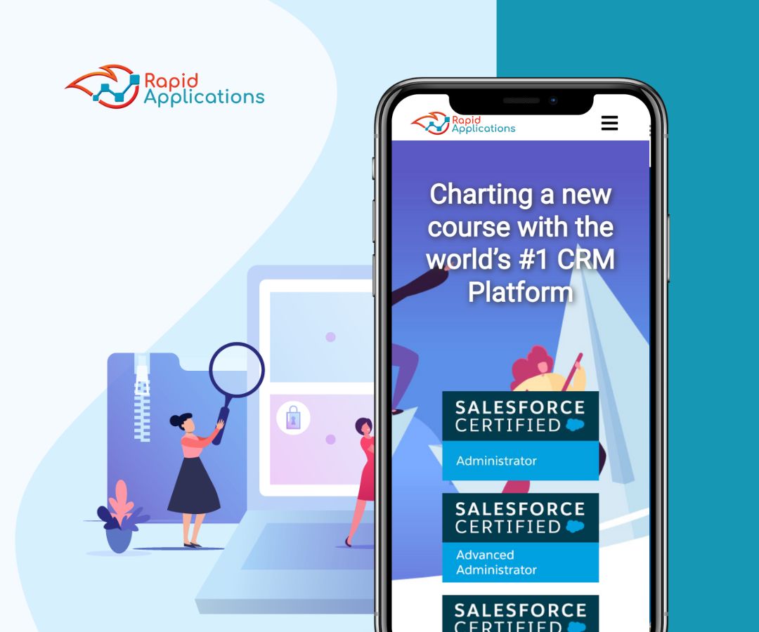 A modern graphic showing a smartphone displaying a CRM training page with Salesforce certification badges. On the left, an illustration of a person examining a folder on a laptop suggests learning and data analysis.