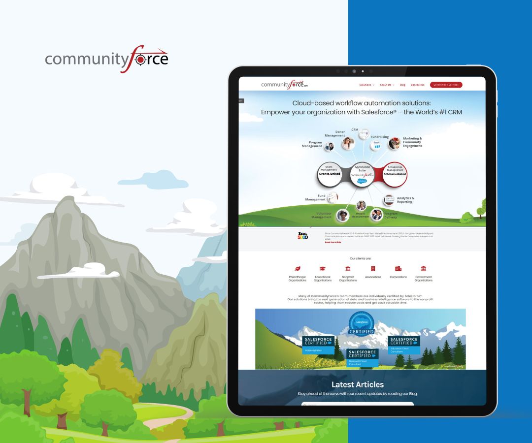 Portfolio featured image depicts a tablet showcasing a graphics-rich website interface with icons, diagrams, and badges, set against a clean blue and green illustrated background to emphasize modern digital workflow solutions.