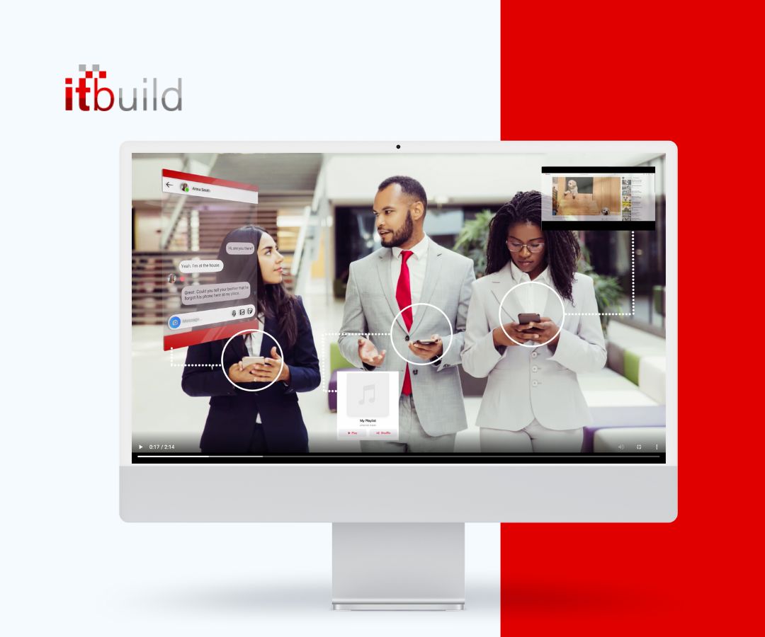 A desktop monitor showing three people in business attire looking at their smartphones. The background is split into light off-white on the left and red on the right, with on-screen interface graphics overlaid.