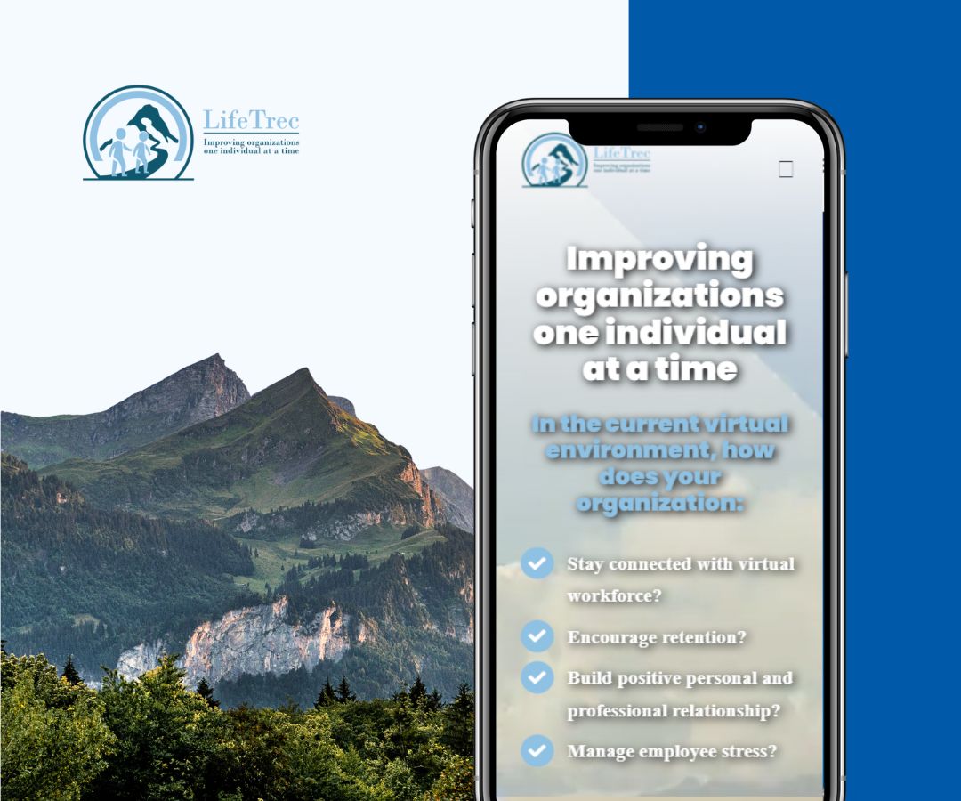 A beautiful mountain background with a phone mockup displaying text about improving organizations, along with the LifeTree logo.