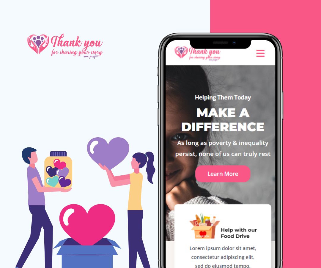 Illustrated people exchanging hearts, paired with a clean, modern mobile design showing a charity interface on the phone with a “Make a Difference” message and a short description about helping others.