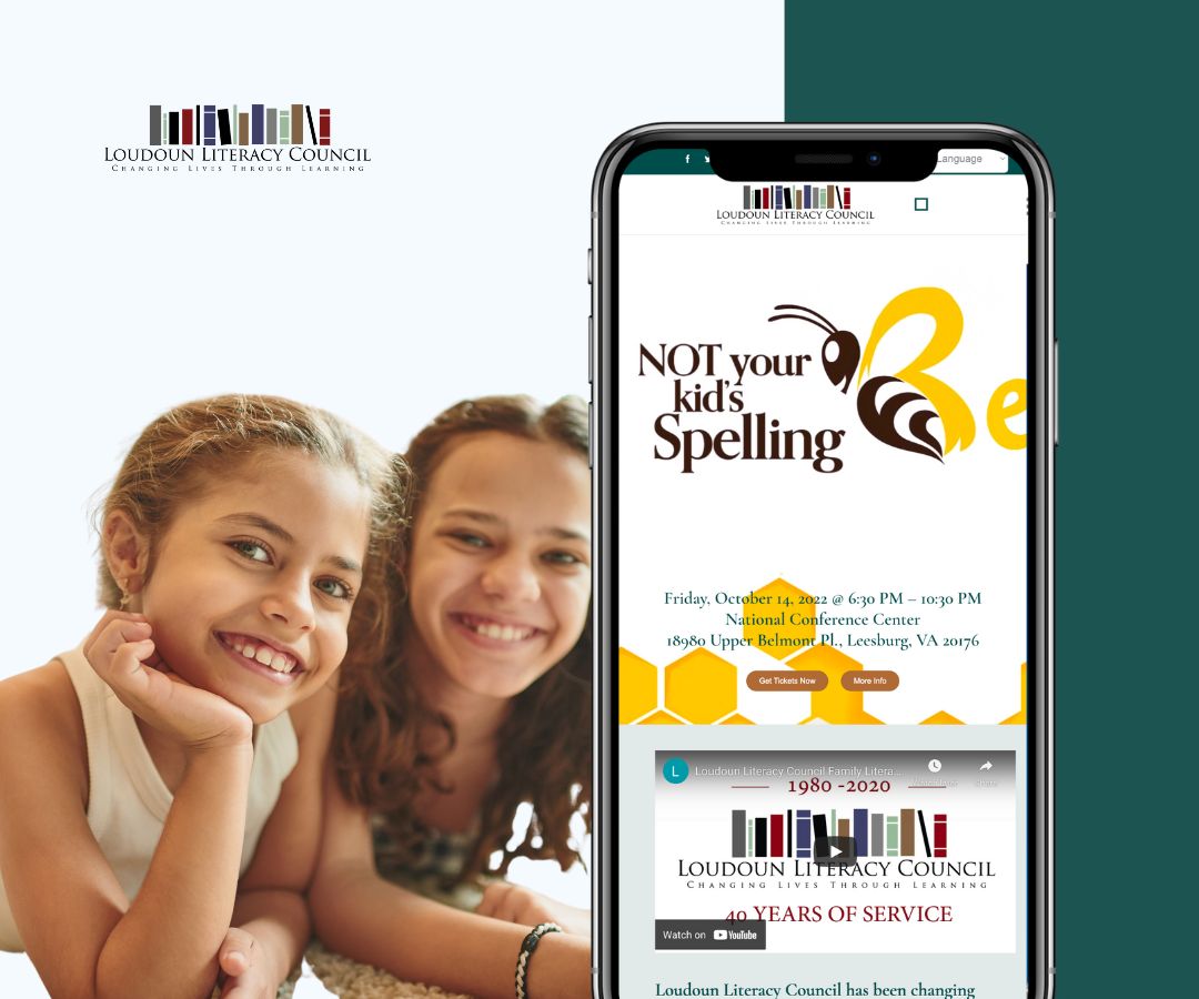Two young girls are lying down and smiling on the left side. On the right, a phone displays a webpage about a “Not your kid’s Spelling Bee” event. The Loudoun Literacy Council logo is shown at the top.