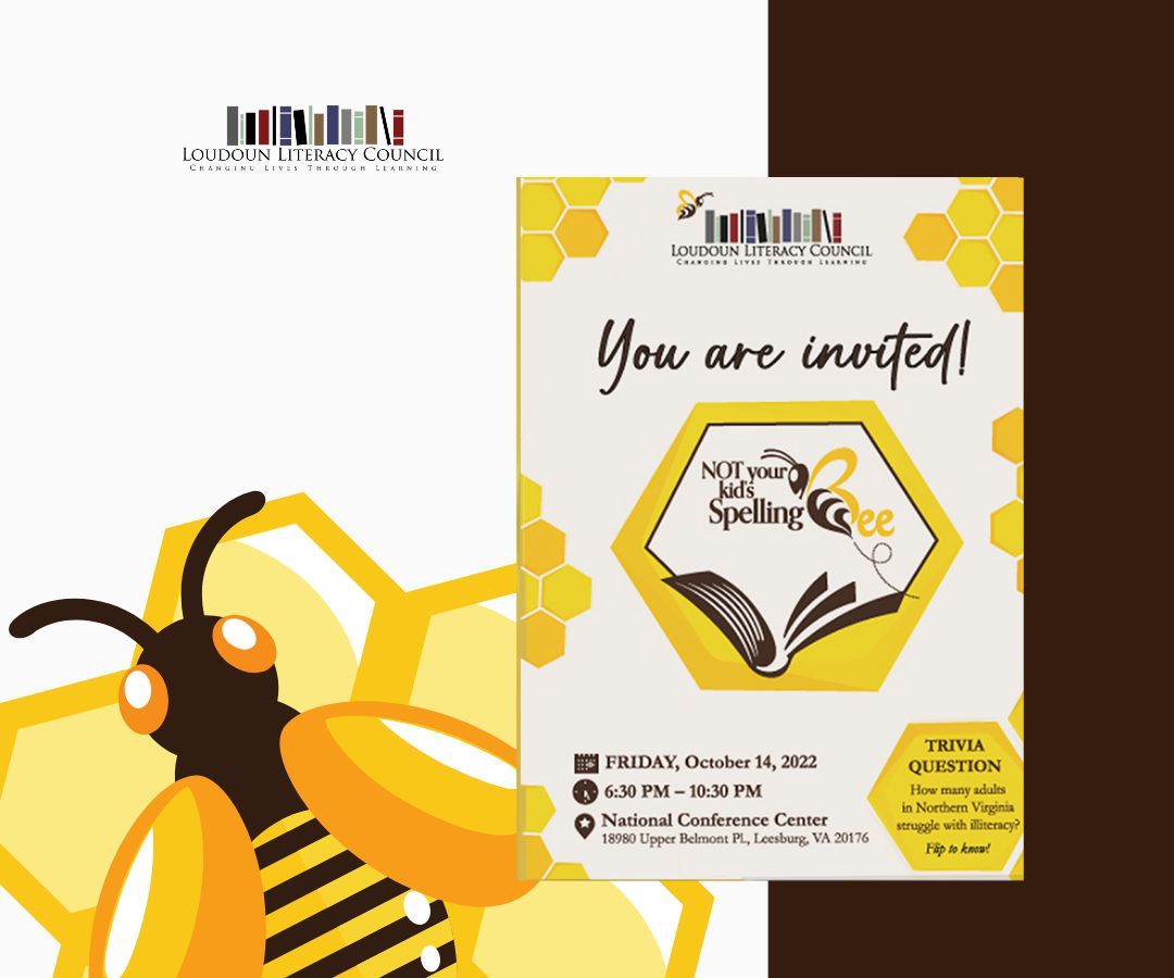 An illustrated bee beside a poster-style invitation with text, a logo, and event details in the background. The invitation includes a title and scheduled date and time. The layout highlights the bee and the event information side by side.