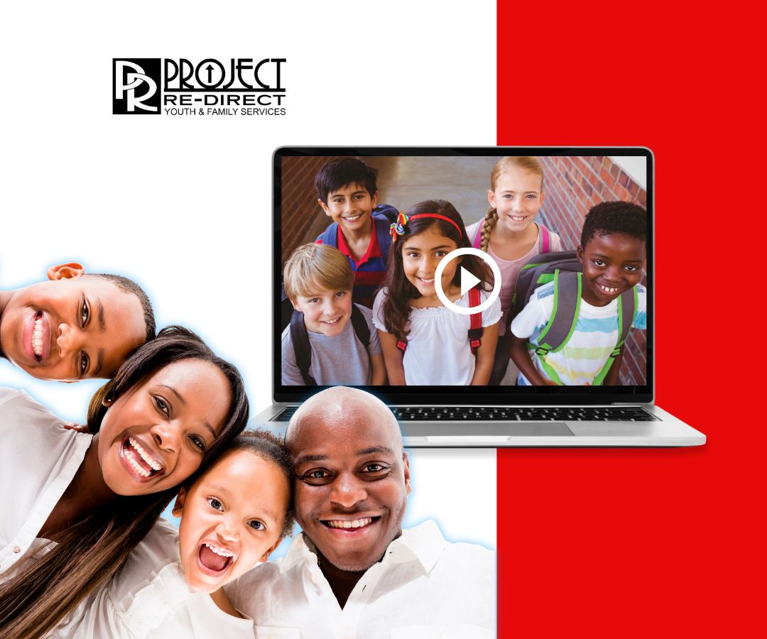 A smiling family posing together in the foreground, with a laptop behind them displaying a group of happy children. The background is split into light gray and red sections.
