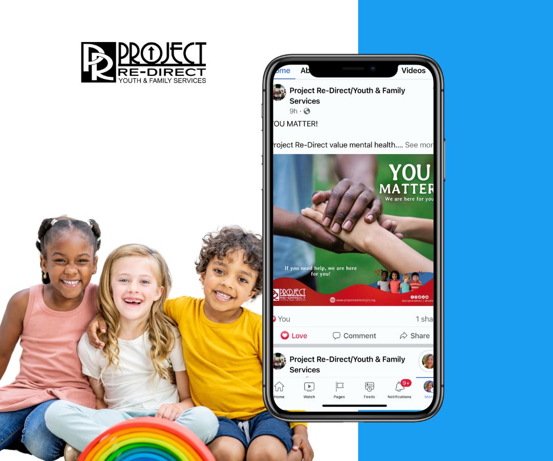 A bright and friendly image showing three happy children sitting together on the left, smiling and holding a rainbow toy. On the right, a smartphone displays a social media post from Project Re-Direct about mental health.