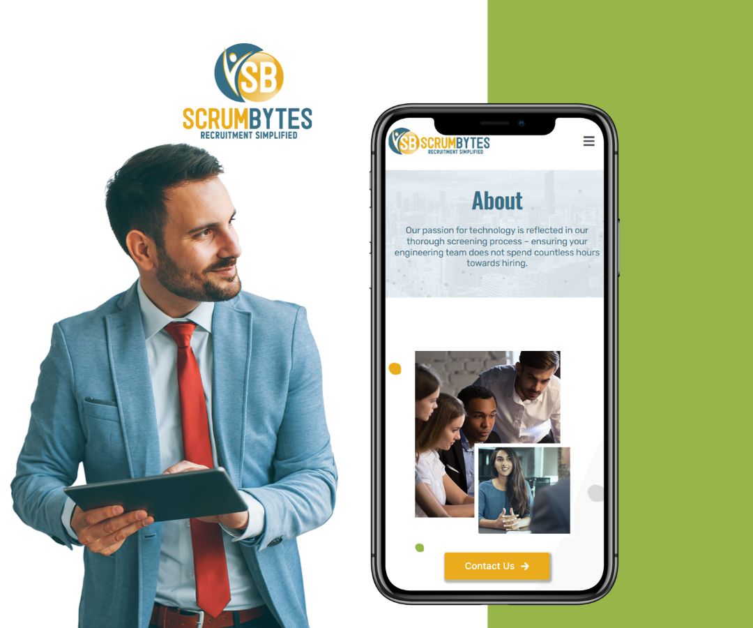 A professional graphic showing a man in a blue suit holding a tablet on the left, looking toward a smartphone displaying the Scrumbytes recruitment website. The design uses a clean white and green background with a modern, business-focused feel.