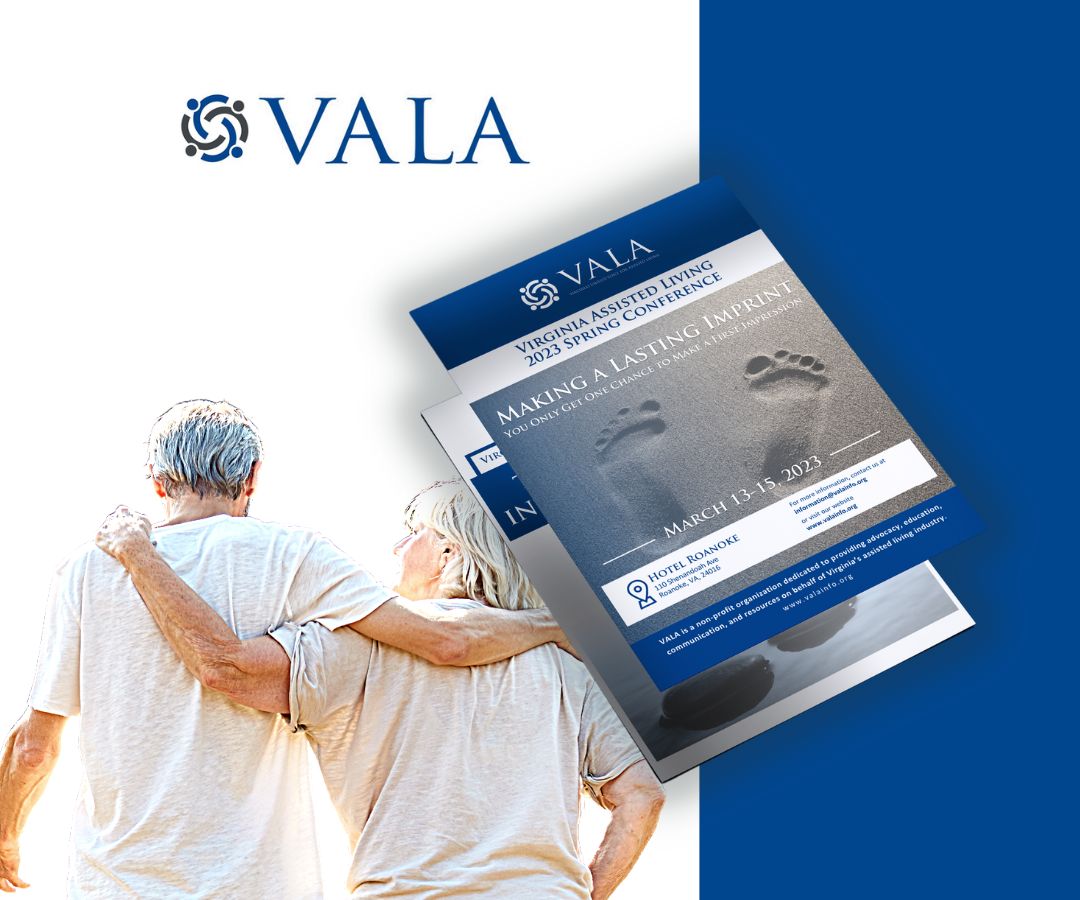 A promotional graphic for VALA (Virginia Assisted Living Association) showing an elderly couple walking together, alongside a conference flyer highlighting a spring event focused on assisted living and creating a lasting impact.