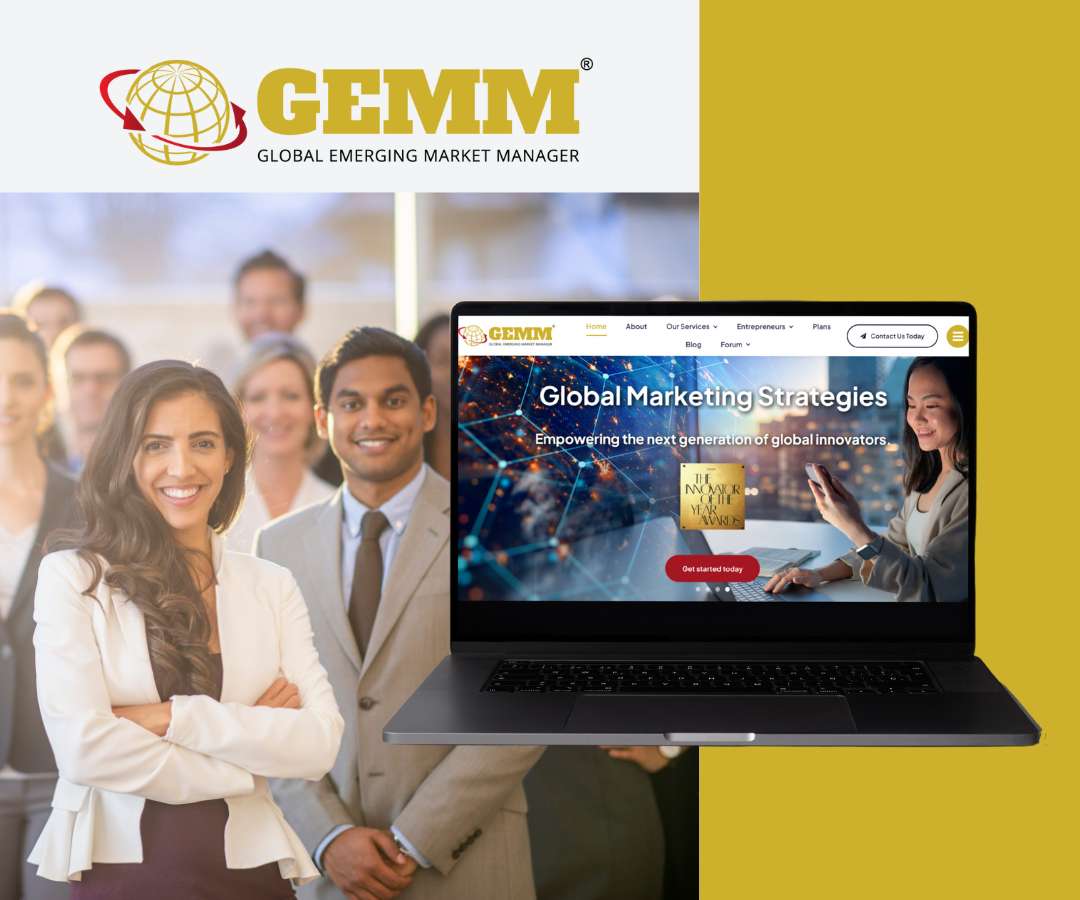 Portfolio featured Image depicts GEMM logo and group of multiracial business professionals next to a laptop screen showing the new GEMM website home page.