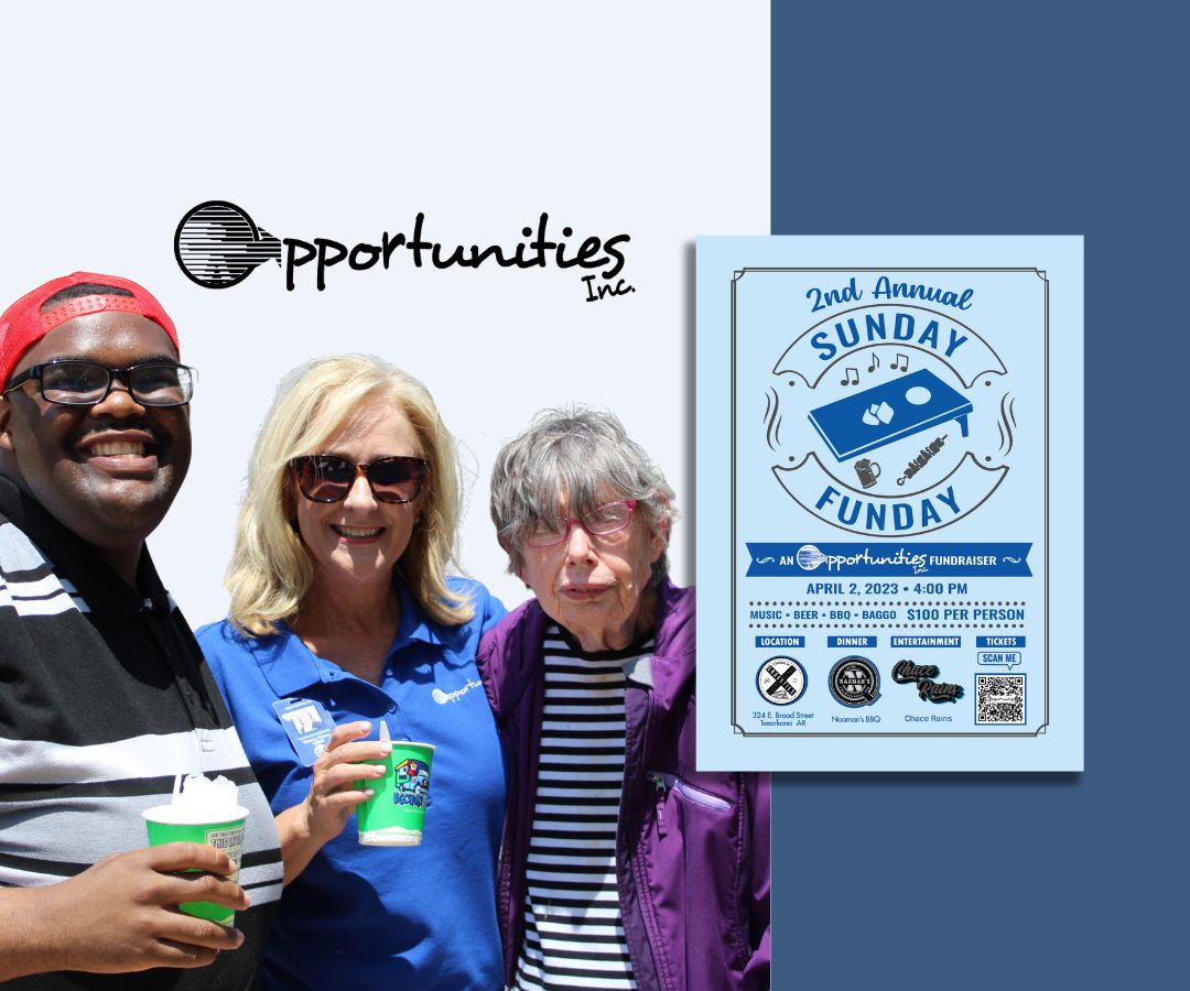 Blog featured image showing Opportunities Inc. logo, 3 team members next to it an image of an invitation to one of their events call Sunday Funday.