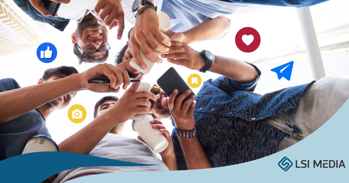 The image shows a group of young people standing in a circle, viewed from below, with their hands stacked together in the center as if in a team huddle.