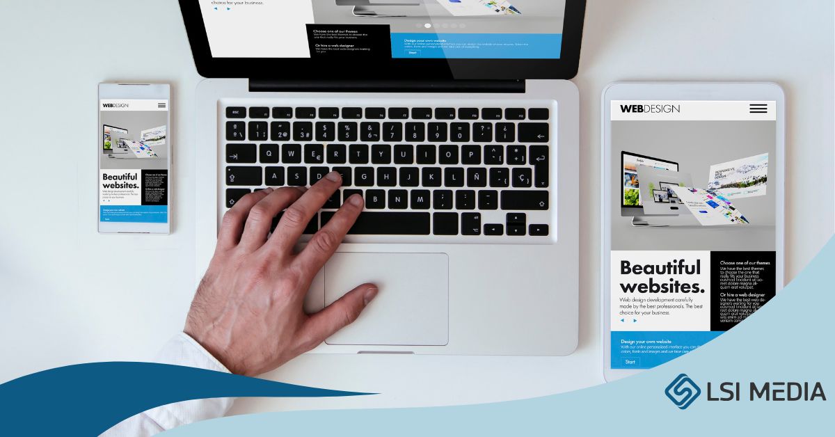 The image shows a person using a laptop while a smartphone and tablet beside it display website designs. The setup highlights web browsing or development across multiple devices in a clean workspace.