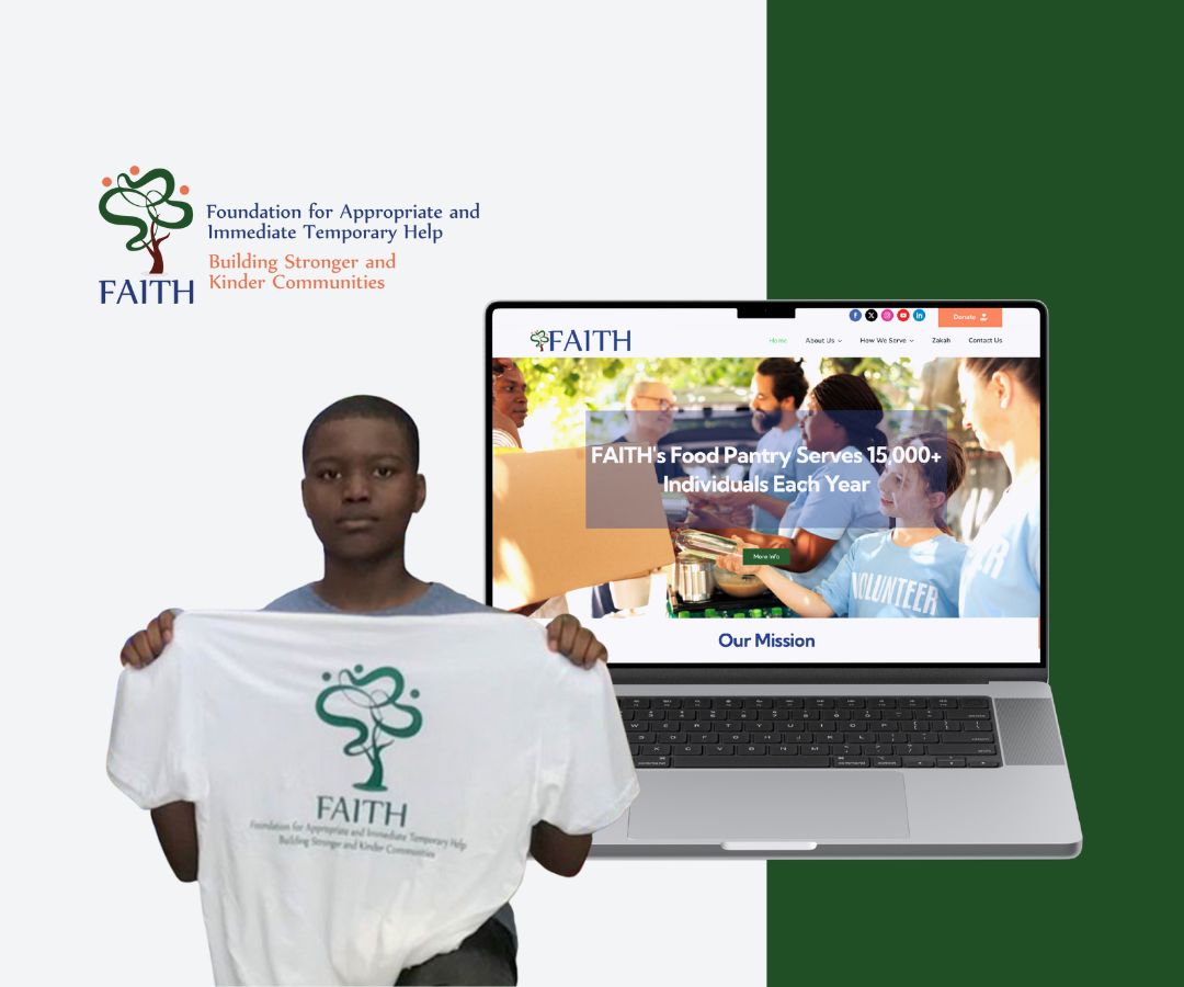 FAITH portfolio featured image depicting a youth holding a t-shirt with the FAITH logo next to a laptop screen showing the new FAITH website home page.
