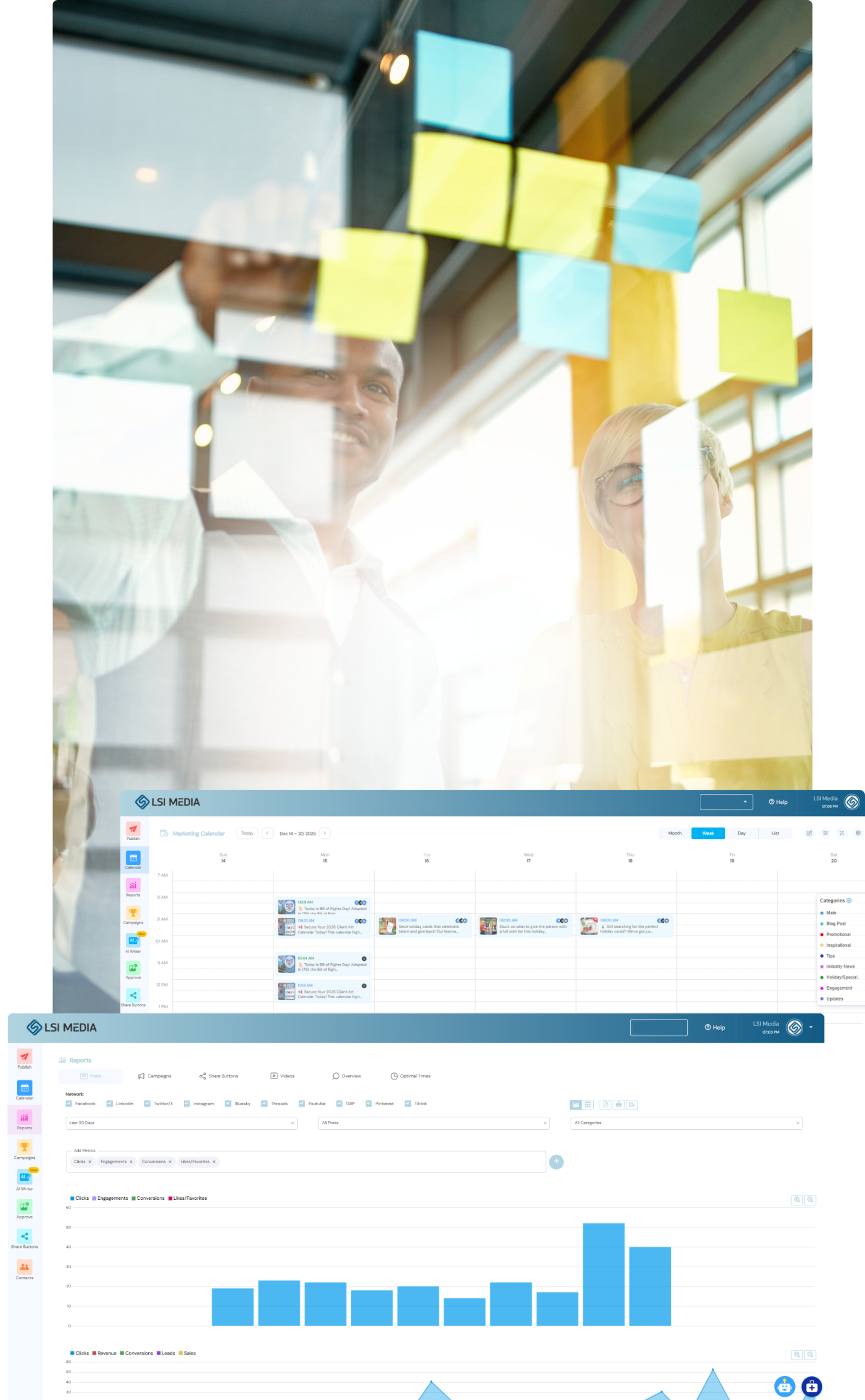 Social media planning image with stick it notes, and social media analytics screenshots