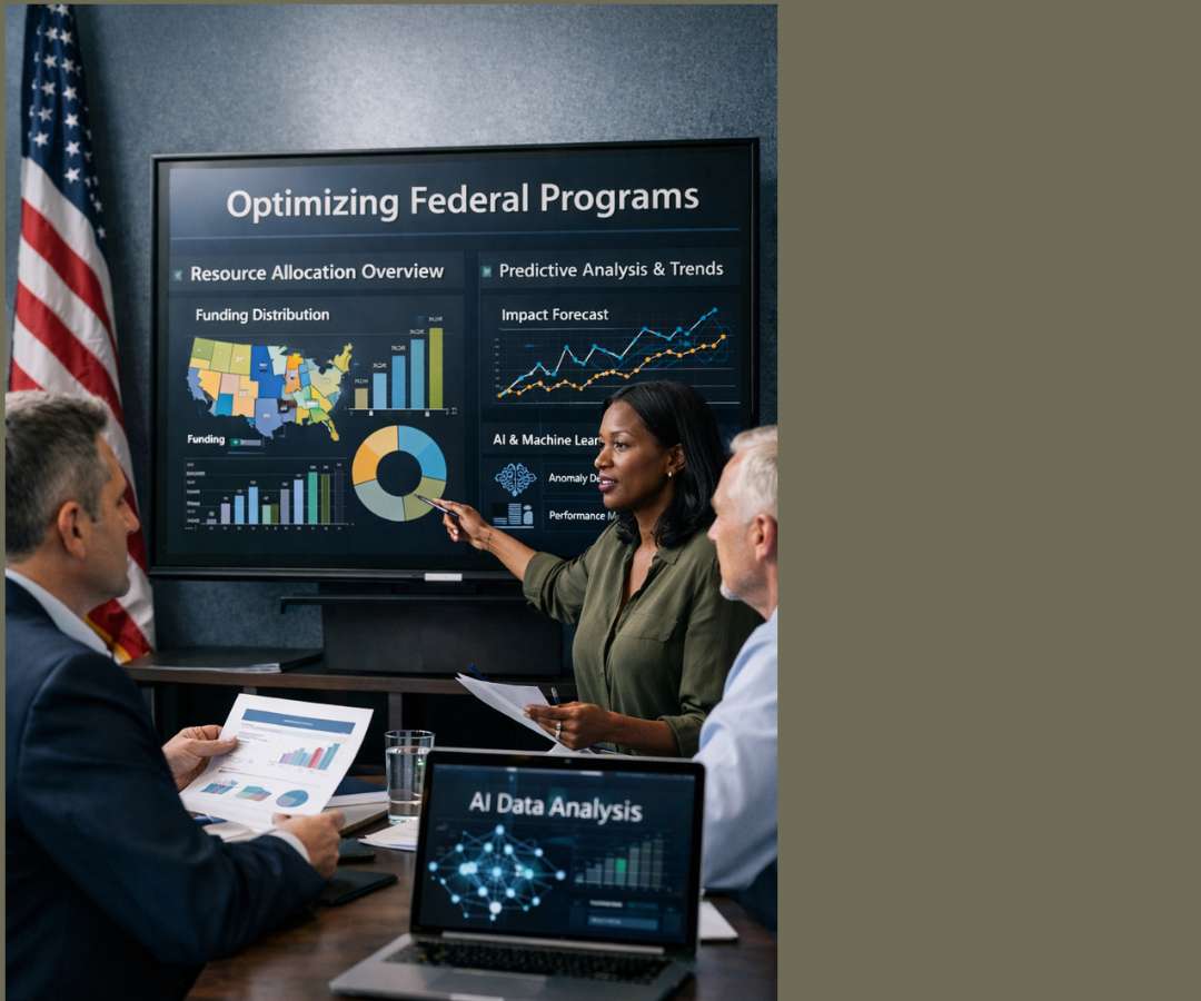 This portfolio presents an image of three professionals in a meeting, where a presenter explains data on a large screen displaying charts, maps, and predictive trends for optimizing federal programs.