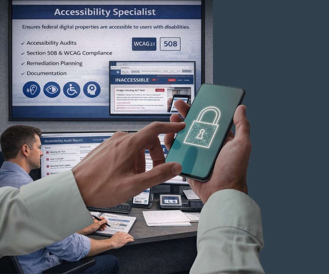 This portfolio depicts a modern workspace focused on digital accessibility and security, where a person unlocks a smartphone while another works on accessibility tools and compliance systems.