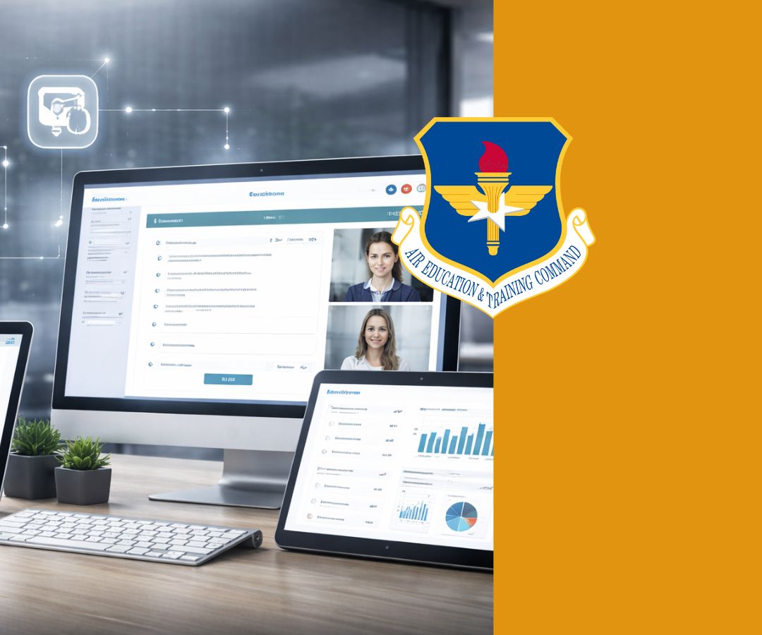 This portfolio depicts a digital training platform displayed across devices, alongside the Air Education and Training Command logo, highlighting online learning, performance tracking, and modern education technology.