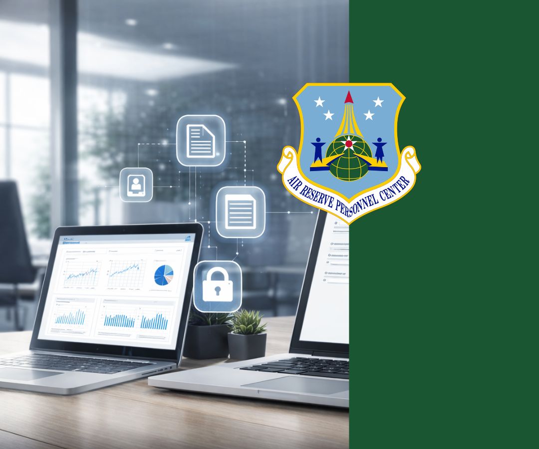 Portfolio image featuring a modern digital workspace with laptops showing analytics, security icons, and a corporate background, with a green panel and Air Reserve Personnel Center emblem highlighting secure data and personnel systems.