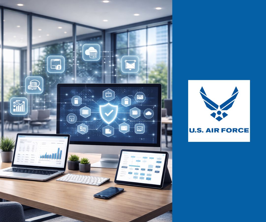 This portfolio features an image of a modern workspace with multiple devices displaying a secure digital interface and the U.S. Air Force logo, highlighting cybersecurity, data management, and advanced technology solutions.