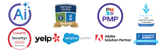 Image depicting logos of LSI Media's certifications and services: AI services, DHS Trusted Tester Certification, PMP Certification, , CompTIA Security+, Adobe Solution Partner, Salesforce Partners and Yelp.